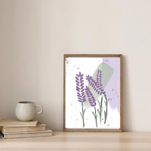 ペイントされたラベンダーの壁アート、抽象的な花柄、モダンなミニマルプリント、植物の壁の装飾、寝室アート、水彩画、モダンな紫のデザイン