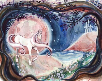 May include: Watercolor painting of a white unicorn with flowing pink and white mane, set in a forest scene. A full moon glows behind the unicorn, with a castle in the distance. The artwork features a soft color palette of pinks, blues, and browns.