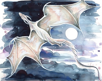 May include: A white dragon flies through a dark blue sky with white stars and purple clouds. A full moon shines brightly in the background.