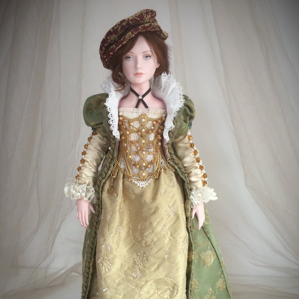 Handmade Porcelain Doll, Historical Style in Brocade gown