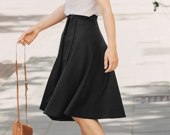 Black Natural Wool Wrap Skirt, high waisted skirt, natural black skirt for women, mid-calf skirt black, black wool circle skirt/midi