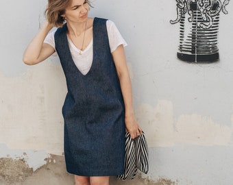 Dark blue jeans pinafore dress / Apron denim dress / Sarafan dress / Strap Dress / Black short dress / Sleeveless V neck dress / Jeans dress