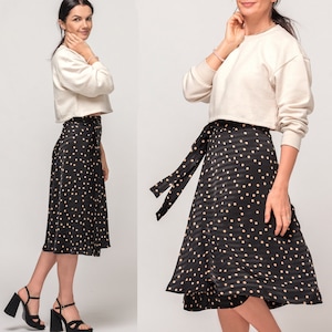 ¡ELIGE LONGITUD!/Falda cruzada negra de lunares/ Falda de cintura alta/Tejido natural /Falda a media pantorrilla/Falda circular/Longitud midi/Falda de verano