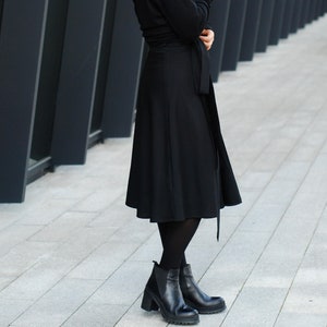 Black Wool Wrap Skirt, high waisted skirt, natural black wool skirt for women, mid-calf skirt black, black circle skirt image 1