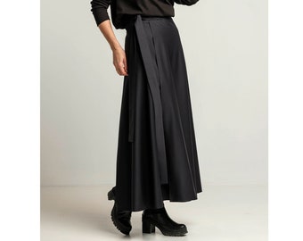 Black Wool Wrap Maxi Skirt, Italian Lightweight Wool Skirt, High Waist Long Skirt, Custom Length 90-110 cm, Elegant A-Line Skirt