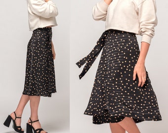 CHOOSE LENGHT!/Polka Dot black wrap skirt/ High waisted skirt/Natural fabric /Mid-calf skirt/Circle skirt/Midi length/Summer skirt