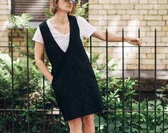 Black jeans pinafore dress / Apron denim dress / Sarafan dress / Strap Dress / Black short dress / Sleeveless V neck dress