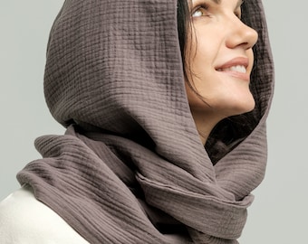 Organic Cotton Gray Hood Unisex, Gauze Muslin, Cowl Scarf men, Cowl Shrug men, Burningman, Festival Head Scarf, Convertible Scarf, Hooded