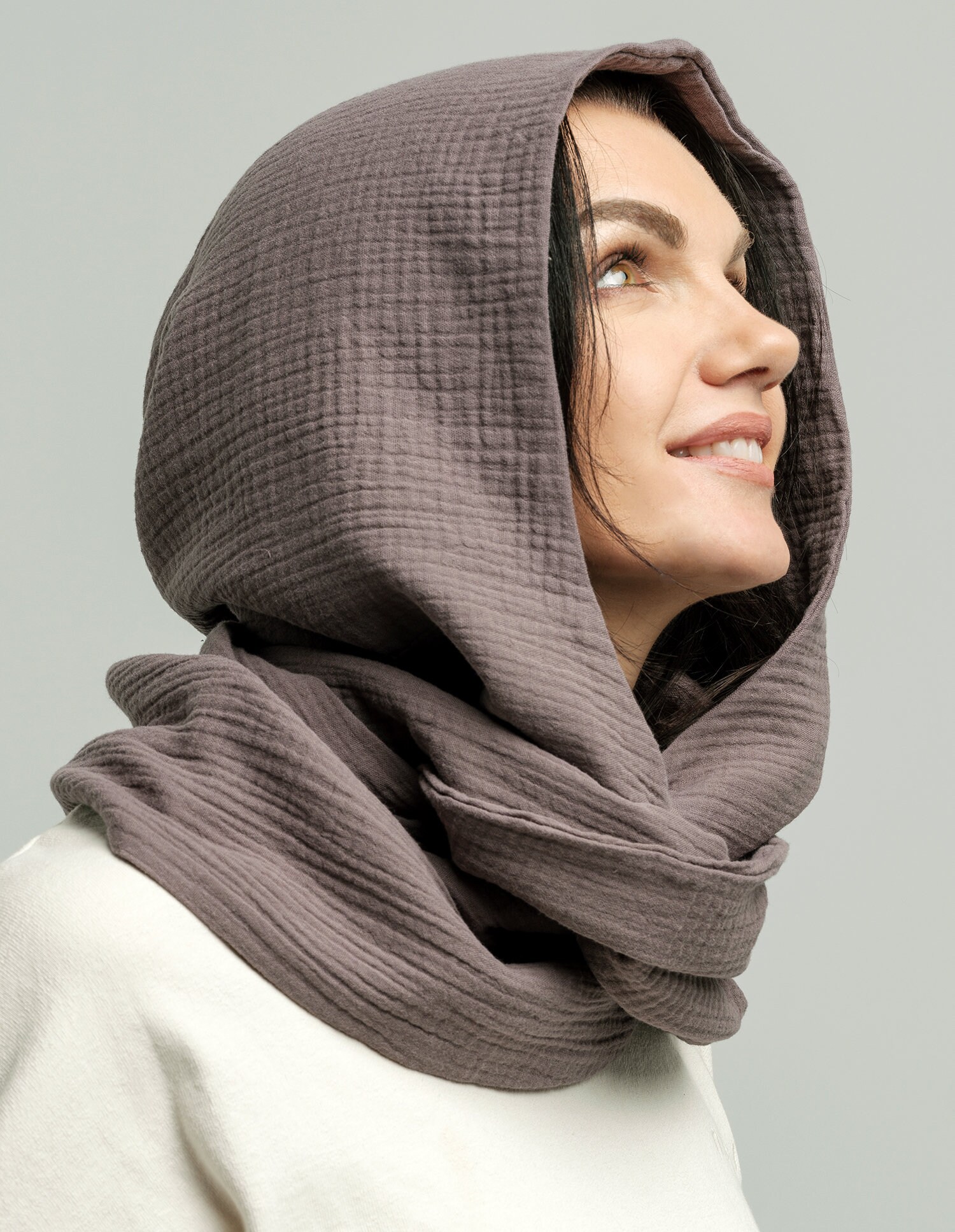 Organic Cotton Gray Hood Unisex, Gauze Muslin Cowl Scarf Men Organic Cotton Gray Hood Unisex, Gauze Muslin Cowl Scarf Men