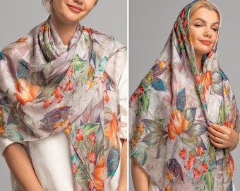 Oversized Floral 100% Natural Pure Silk Scarf, Neck Silk, Silk Hair scarf, Luxurious Sheen Floral White Scarf Stole Shawl, Silk Scarf Hijab