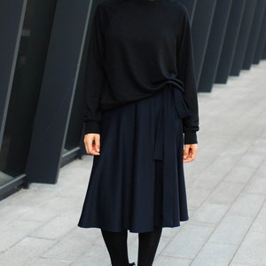 Dark Blue wool Wrap Skirt, high waisted skirt, natural wool skirt for women, mid-calf skirt blue, dark blue circle skirt/Midi length image 2