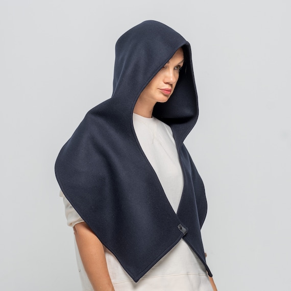Wool Dark Blue Hood Unisex, Blue Dark Cowl Scarf , Cowl