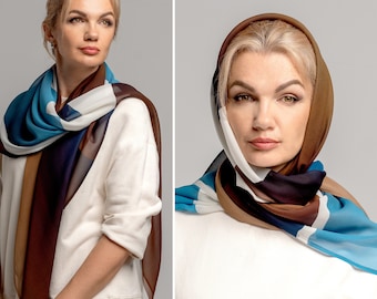 Foulard surdimensionné en pure soie 100 % naturelle, foulard en soie pour le cou, foulard pour cheveux en soie, étole de foulard blanc lustré luxueux, grand foulard en soie hijab, bleu