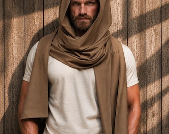 Wool Hooded Scarf Unisex, Convertible Cowl Hood, Festival Hood Scarf, Burning Man Clothing, Wool Wrap Shawl, Medieval Dune Inspired Hood