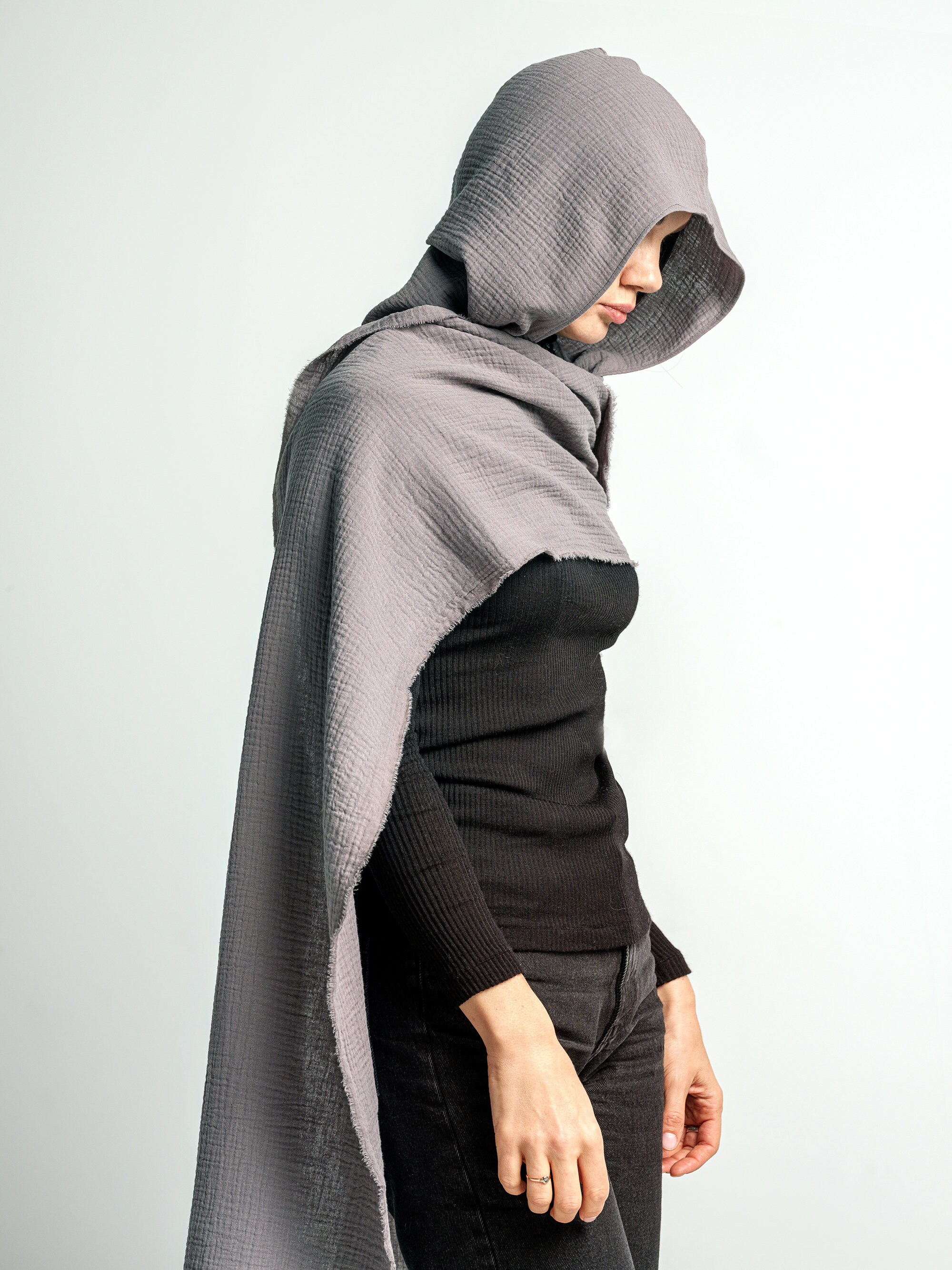 ★Porta★ LOGO LABEL KNIT LONG HOODED MUFFLER CHARCOAL 24WT2 Black Sweater Scarf Top
