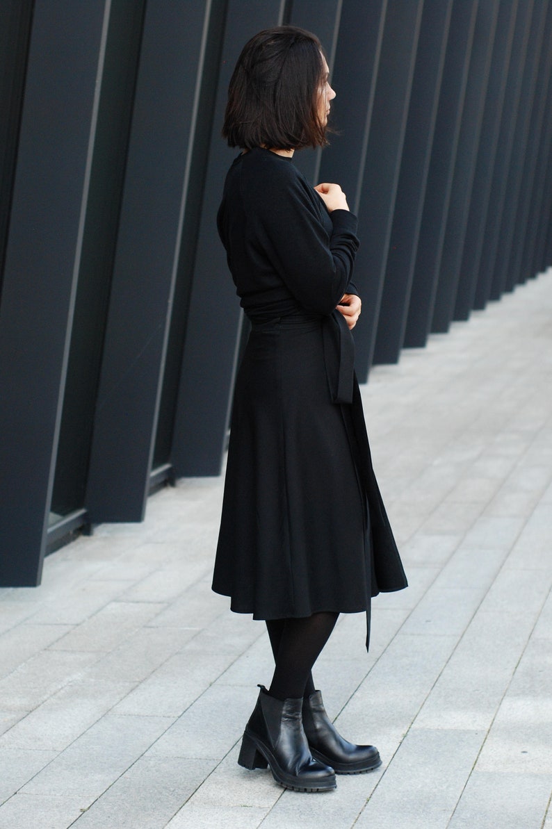 Black Wool Wrap Skirt, high waisted skirt, natural black wool skirt for women, mid-calf skirt black, black circle skirt image 1