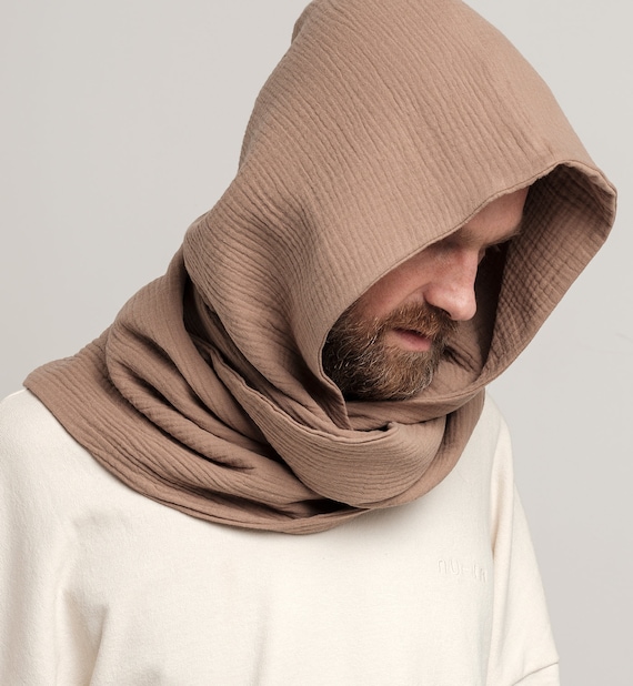 Organic Cotton Beige Hood Unisex, Gauze Muslin Cowl Scarf