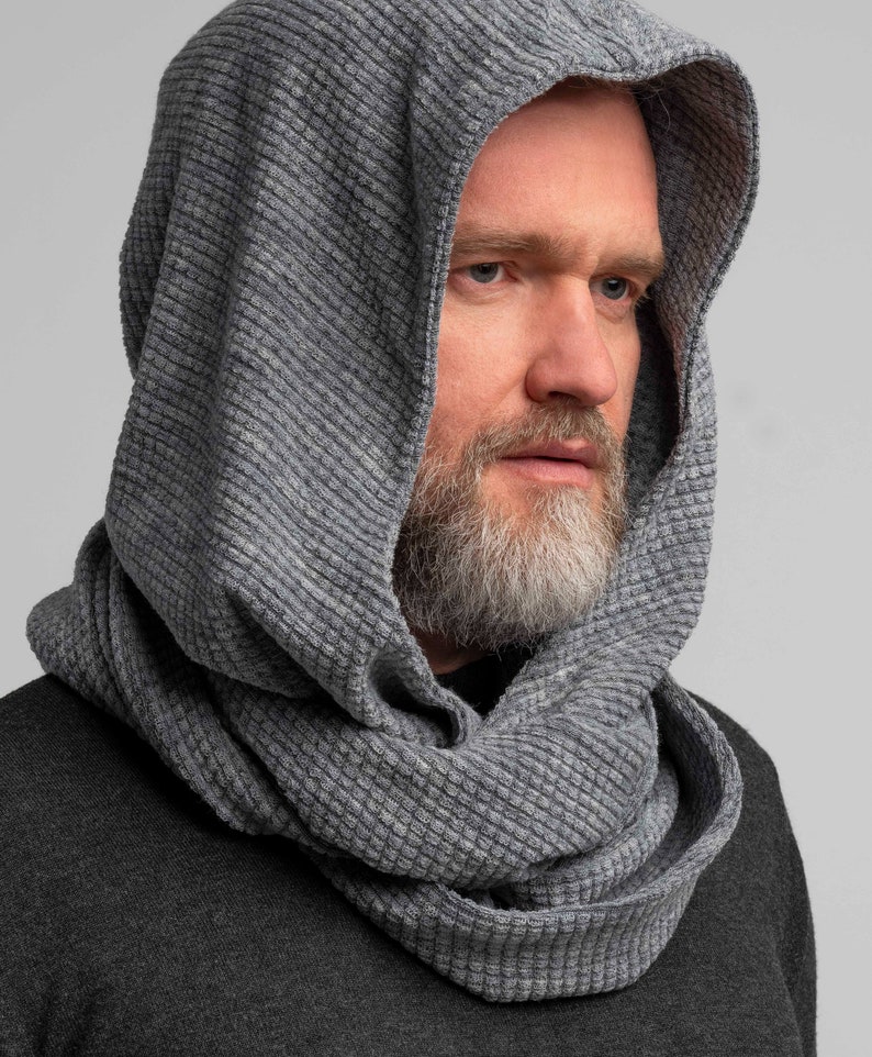 Soft Wool Gray Hood Unisex, Gray Cowl Scarf men, Cowl Shrug men, Cowl Hood, Festival Head Scarf, Convertible Scarf, Hooded Scarf,natura image 3