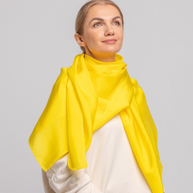 Large 100% Natural Pure Silk Scarf, Neck Silk Scarf, Silk Hair scarf, Luxurious Sheen Yellow Scarf Stole Shawl, Big Silk Scarf Hijab, Plain image 5