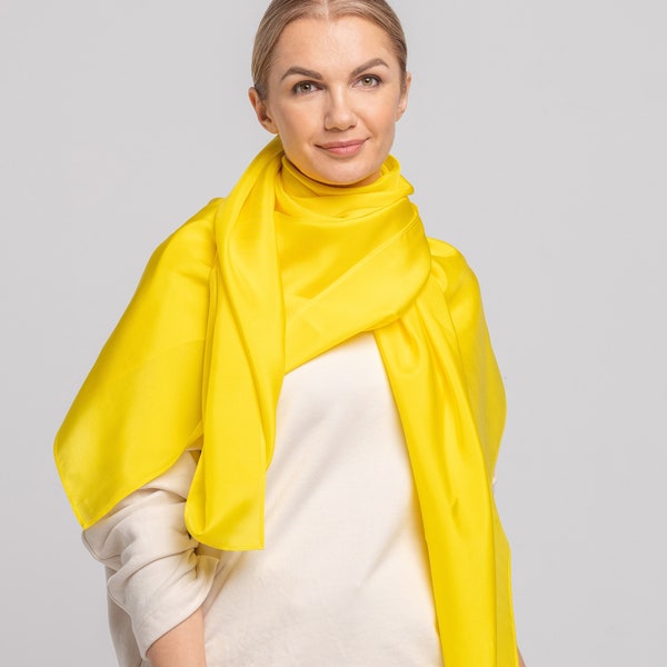 Grande écharpe en soie pure 100 % naturelle, écharpe en soie pour le cou, écharpe pour cheveux en soie, étole de foulard jaune brillant luxueux, grande écharpe en soie hijab, uni