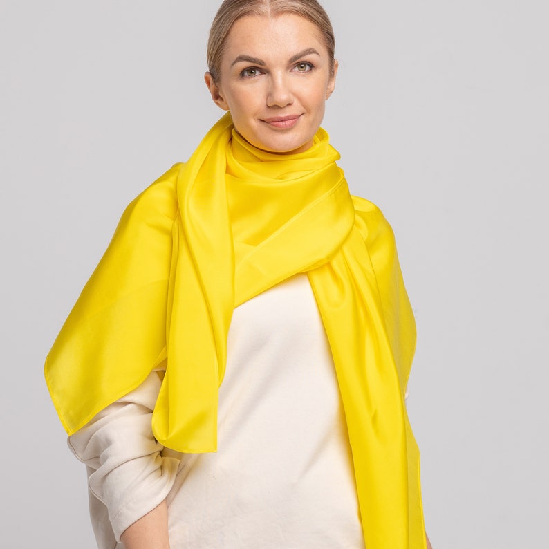 Large 100% Natural Pure Silk Scarf, Neck Silk Scarf, Silk Hair scarf, Luxurious Sheen Yellow Scarf Stole Shawl, Big Silk Scarf Hijab, Plain image 1