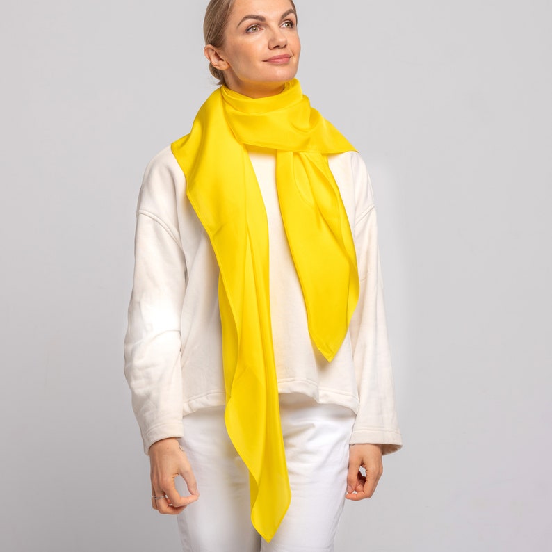Large 100% Natural Pure Silk Scarf, Neck Silk Scarf, Silk Hair scarf, Luxurious Sheen Yellow Scarf Stole Shawl, Big Silk Scarf Hijab, Plain image 2