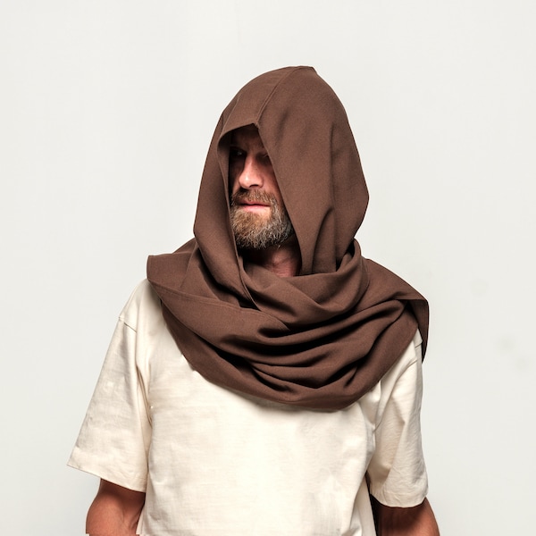 Brown Hood Unisex, Raw Silk Cowl Scarf, Cowl Shrug men, Burningman, Festival Gypsy Rave, Convertible Scarf, Hooded Scarf, Dune cosplay, Star