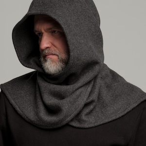 NO.128 Men's Hooded Vest, Buttons Front Shawl, Cowl Hood