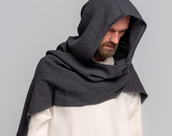 Organic Cotton Hood Unisex, Gray Cowl Scarf, Cowl Shrug men, Burningman, Festival Gypsy Rave, Convertible Scarf, Hooded Scarf, Dune cosplay