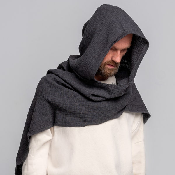 Capuche en coton bio unisexe, écharpe grise, col bénitier pour hommes, Burningman, Festival Gypsy Rave, écharpe convertible, écharpe à capuche, cosplay de Dune