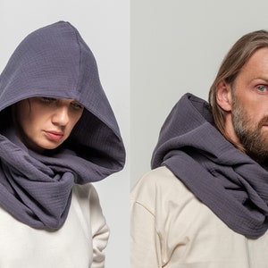 Organic Cotton Blue  Hood Unisex, Gauze Muslin Cowl Scarf men, Cowl Shrug men, Burningman, Festival Head Scarf, Convertible Scarf, Hooded