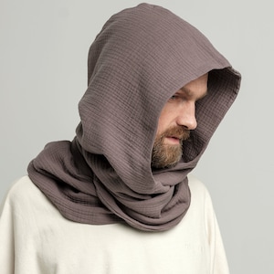 Organic Cotton Gray Hood Unisex, Gauze Muslin Cowl Scarf Men