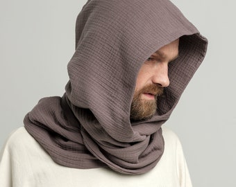 Organic Cotton Gray  Hood Unisex, Gauze Muslin Cowl Scarf men, Burningman, Cowl Hood, Festival Head Scarf, Convertible Scarf, Hooded