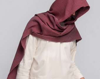 Organic Cotton Hood Unisex, Brick Red Mauve Cowl Scarf, Cowl Shrug men, Festival Gypsy Rave, Convertible Scarf, Hooded Scarf, Dune cosplay