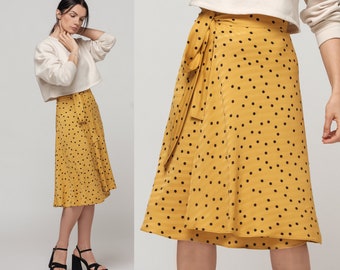 Polka Dot gele wikkel rok / hoge taille rok, natuurlijke viscose rok voor vrouwen, mid-calf rok geel, cirkel rok / Midi lengte