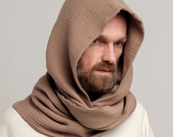 Organic Cotton Beige  Hood Unisex, Gauze Muslin Cowl Scarf men, Burningman, Cowl Hood, Festival Head Scarf, Convertible Scarf, Hooded