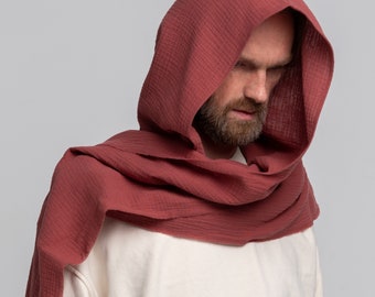 Organic Cotton Hood Unisex, Brick Red Mauve Cowl Scarf, Cowl Shrug men, Festival Gypsy Rave, Convertible Scarf, Hooded Scarf, Dune cosplay