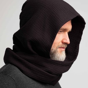 Organic Cotton Hood Unisex, Black Gauze Muslin Cowl Scarf men, Cowl Shrug men, Cowl Hood, Festival Head Scarf, Convertible Scarf, Hooded