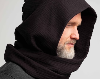 Organic Cotton Hood Unisex, Black Gauze Muslin Cowl Scarf men, Cowl Shrug men, Cowl Hood, Festival Head Scarf, Convertible Scarf, Hooded