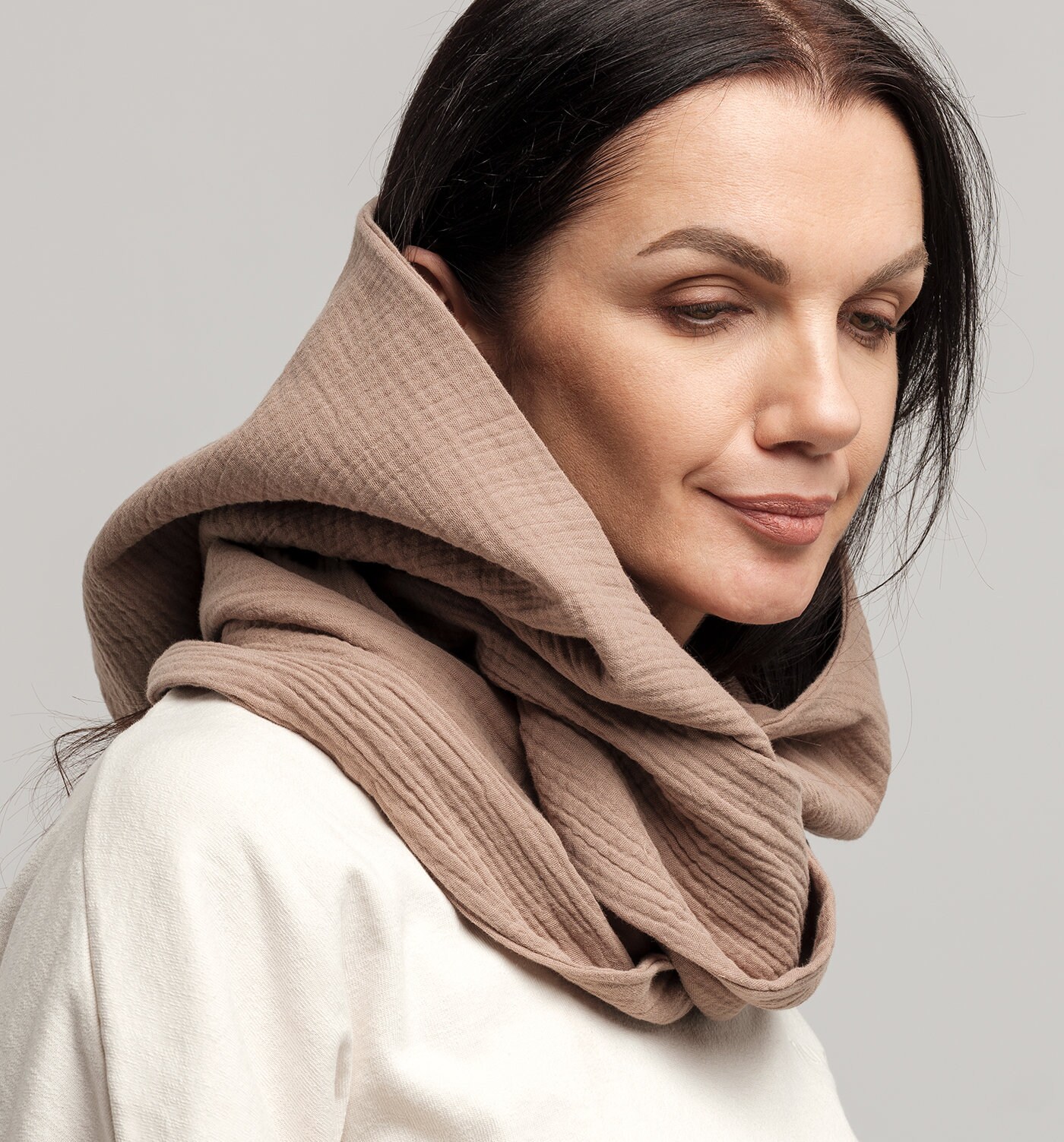 Organic Cotton Beige Hood Unisex, Gauze Muslin Cowl Scarf