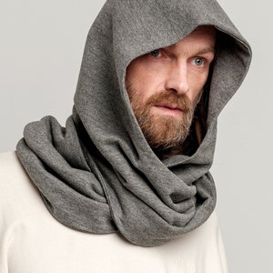 Soft cotton Gray Hood Unisex, Gray Cowl Scarf men, Cowl Shrug men, Cowl Hood, Festival Head Scarf, Convertible Scarf, Hooded Scarf,natura image 2