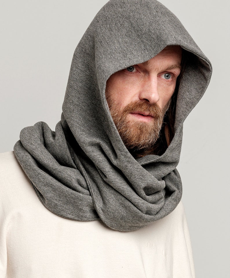 Soft cotton Gray Hood Unisex, Gray Cowl Scarf men, Cowl Shrug men, Cowl Hood, Festival Head Scarf, Convertible Scarf, Hooded Scarf,natura image 2