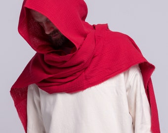 Organic Cotton Hood Unisex, Brick Red Mauve Cowl Scarf, Cowl Shrug men, Festival Gypsy Rave, Convertible Scarf, Hooded Scarf, Dune cosplay