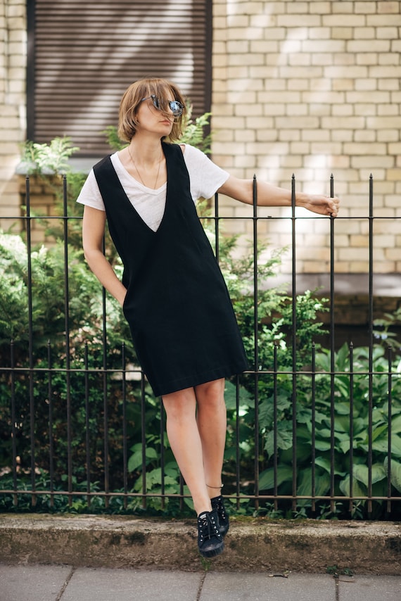 Black Jeans Pinafore Dress Apron Denim Dress Sarafan Dress Strap Dress Black Short Dress Sleeveless V Neck Dress Etsy