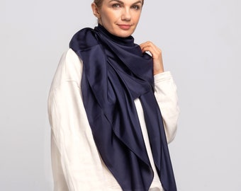 Écharpe surdimensionnée en pure soie 100 % naturelle, écharpe en soie pour le cou, écharpe pour cheveux en soie, écharpe bleu foncé lustré luxueux, étole châle, grande écharpe en soie hijab