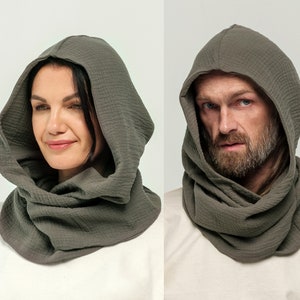 Organic Cotton khaki  Hood Unisex, Gauze Muslin Cowl Scarf men, Cowl Shrug men, Burningman, Festival Head Scarf, Convertible Scarf, Hooded