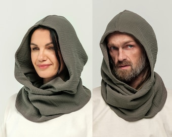 Organic Cotton khaki  Hood Unisex, Gauze Muslin Cowl Scarf men, Cowl Shrug men, Burningman, Festival Head Scarf, Convertible Scarf, Hooded