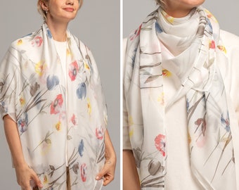 Oversized Natural Pure Silk Plus Viscose Scarf, Floral White Silk Scarf, Silk Hair scarf, Sheen White Scarf Stole Shawl, Silk Scarf Hijab