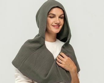 Organic Cotton Khaki Hood Unisex, Gauze Muslin Cowl Scarf