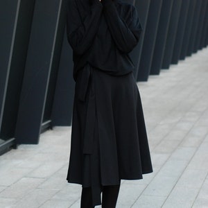 Black Wool Wrap Skirt, high waisted skirt, natural black wool skirt for women, mid-calf skirt black, black circle skirt image 5